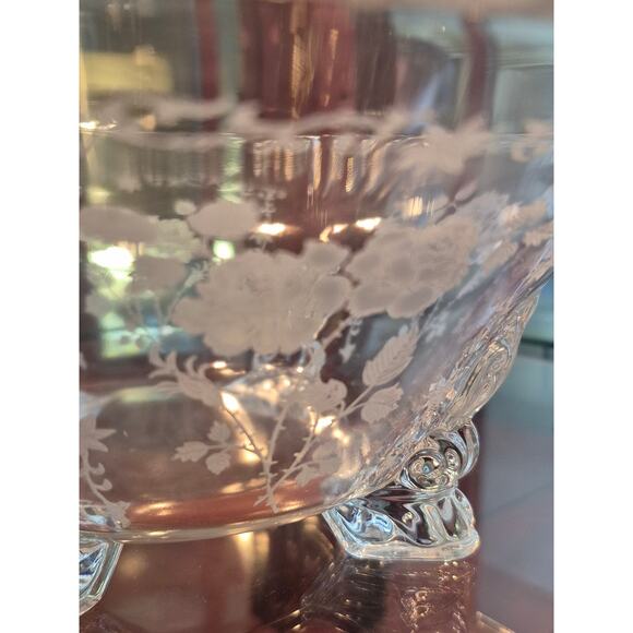 Rare Fostoria Midnight Rose Large Footed Serving Bowl Etched Depression Glass - Picture 5 of 7